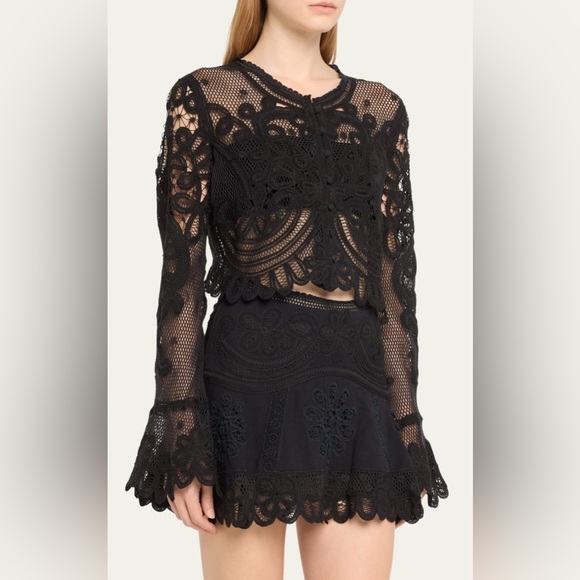 LoveShackFancy Black Lace Long Sleeve Top
